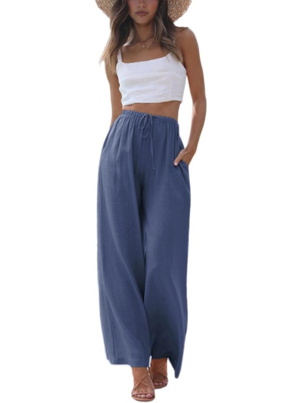 Women's Navy High Rise Flowy Wide Beach Trousers with Pockets Palazzo Pants